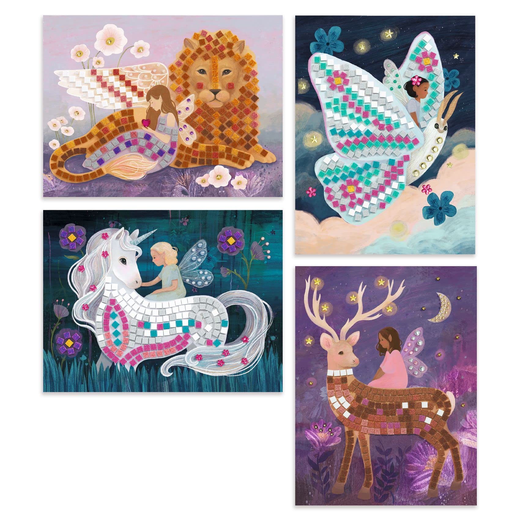 DJECO Enchanted World illustrated cards guiding young artists through the mosaic.