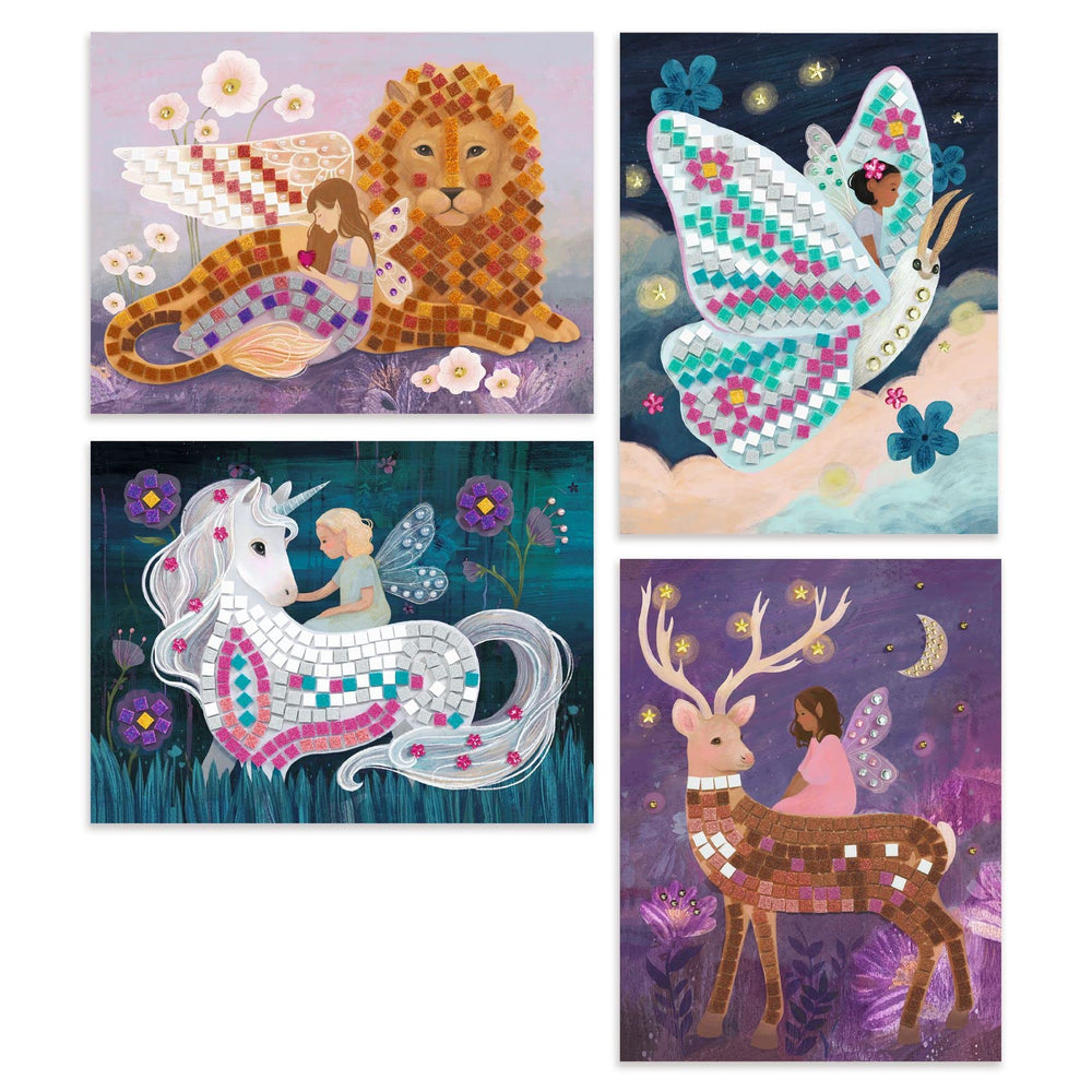DJECO Enchanted World illustrated cards guiding young artists through the mosaic.