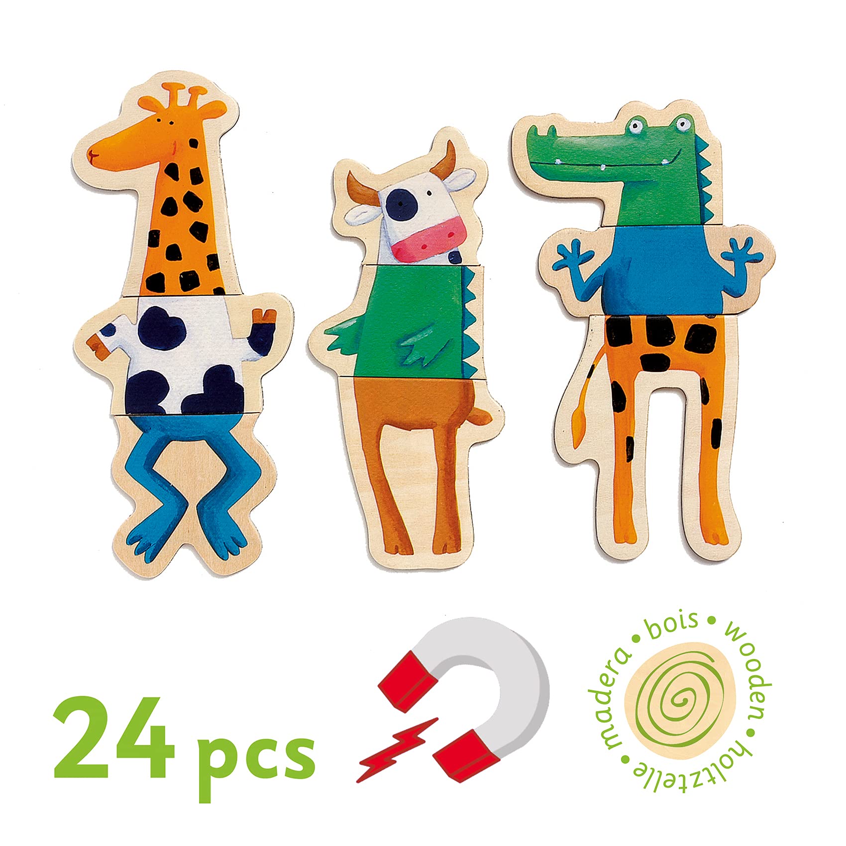 DJECO recognizable animals include walrus, cow, crocodile, giraffe, frog for learning.