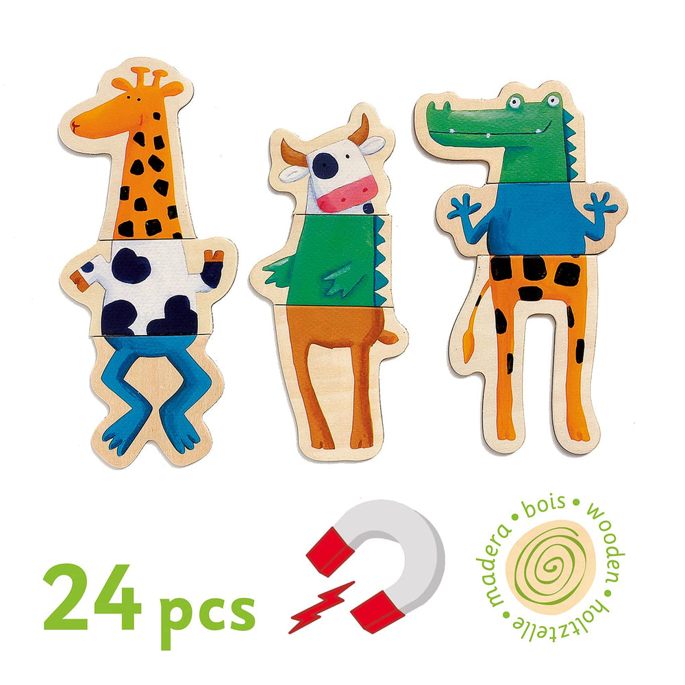 DJECO recognizable animals include walrus, cow, crocodile, giraffe, frog for learning.