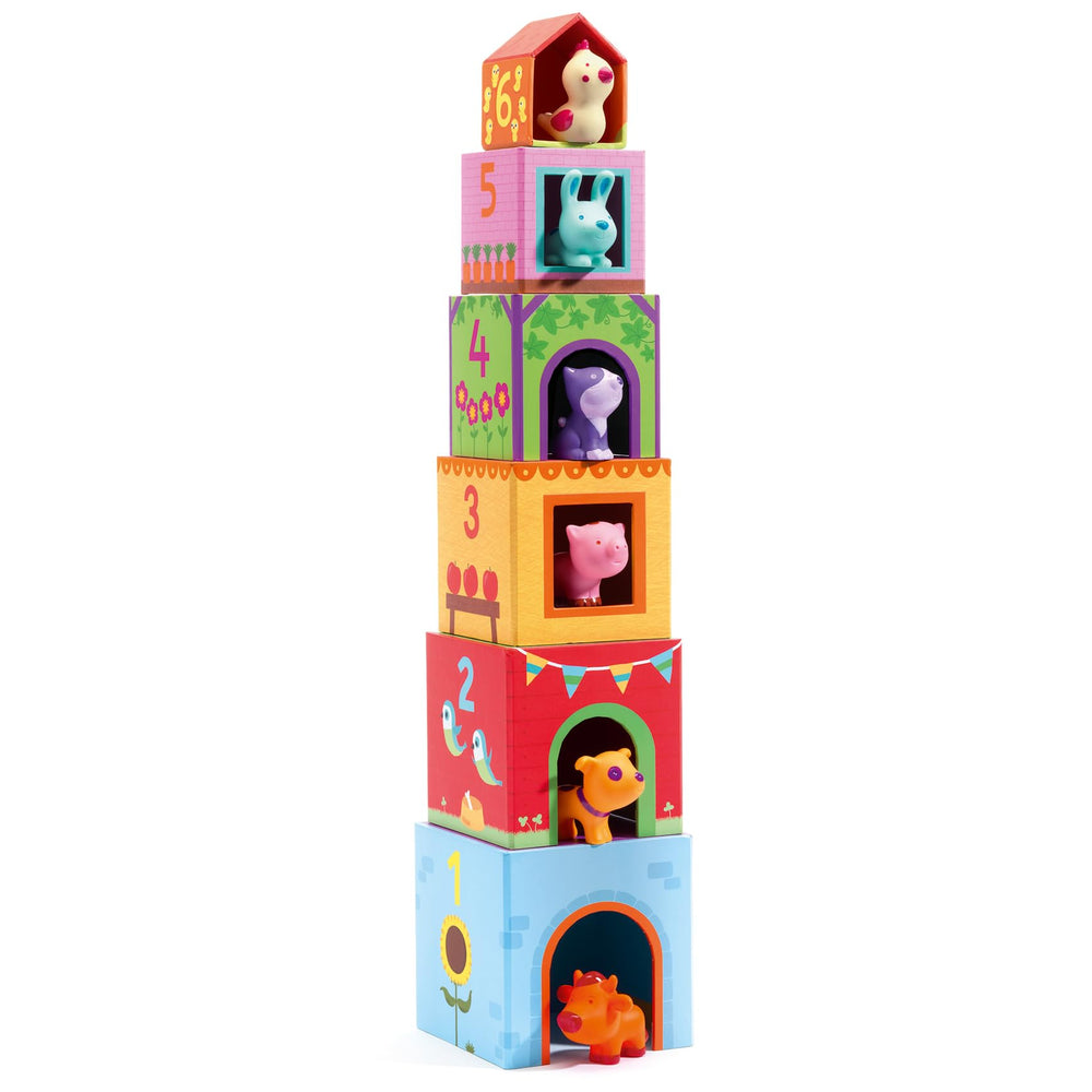 DJECO Topanifarm Blocks illustrated animal pieces inspire imaginative pretend play.