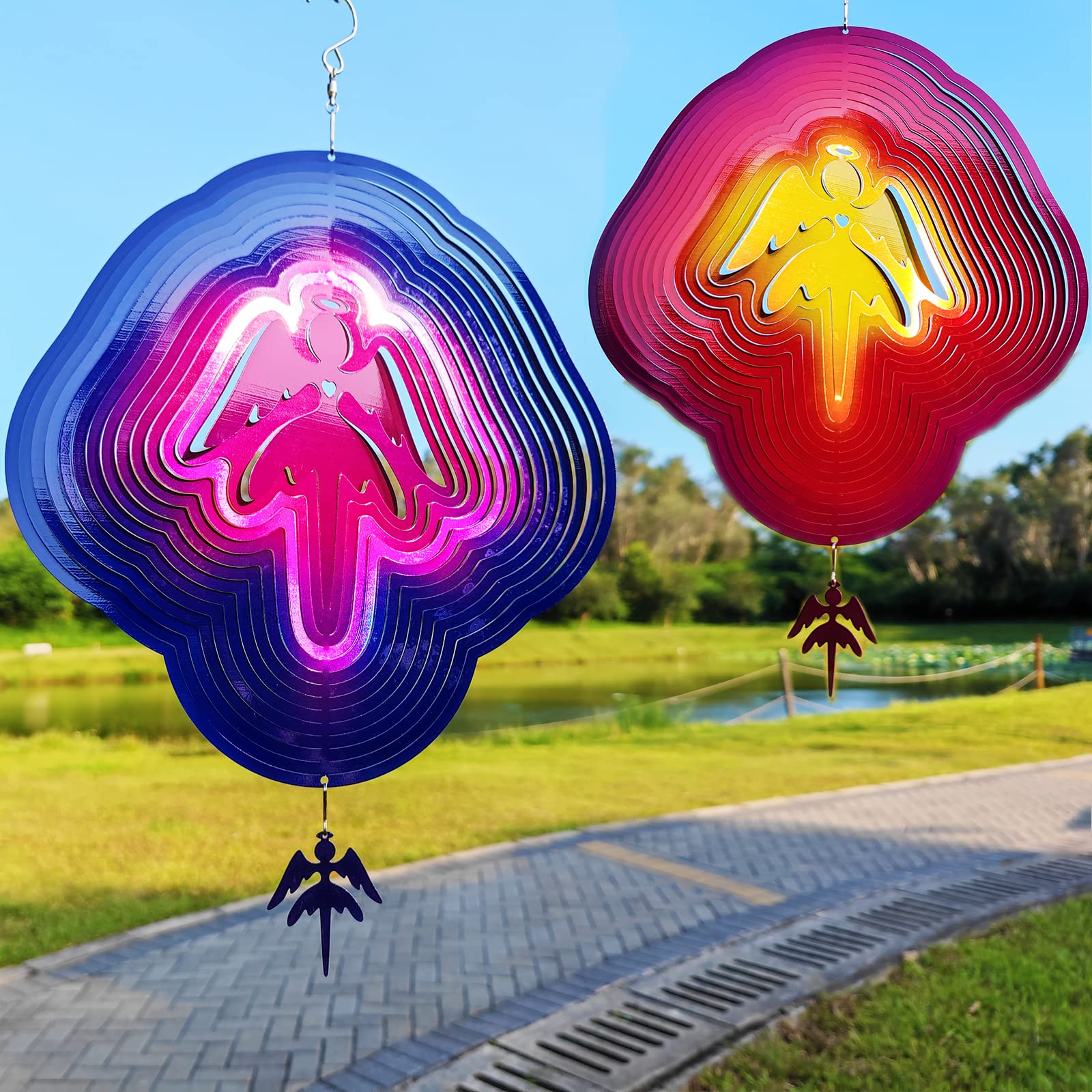 DJUAN Hanging wind spinner mounted on lamp post for yard charm.