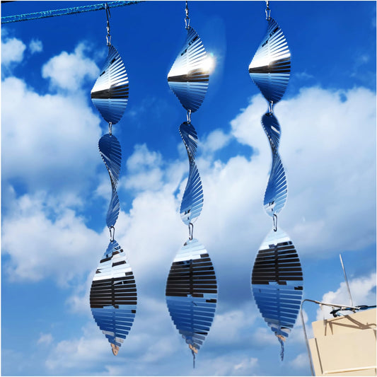 DJUAN metal bird scare discs in action reflect sunlight to deter pigeons and crows.