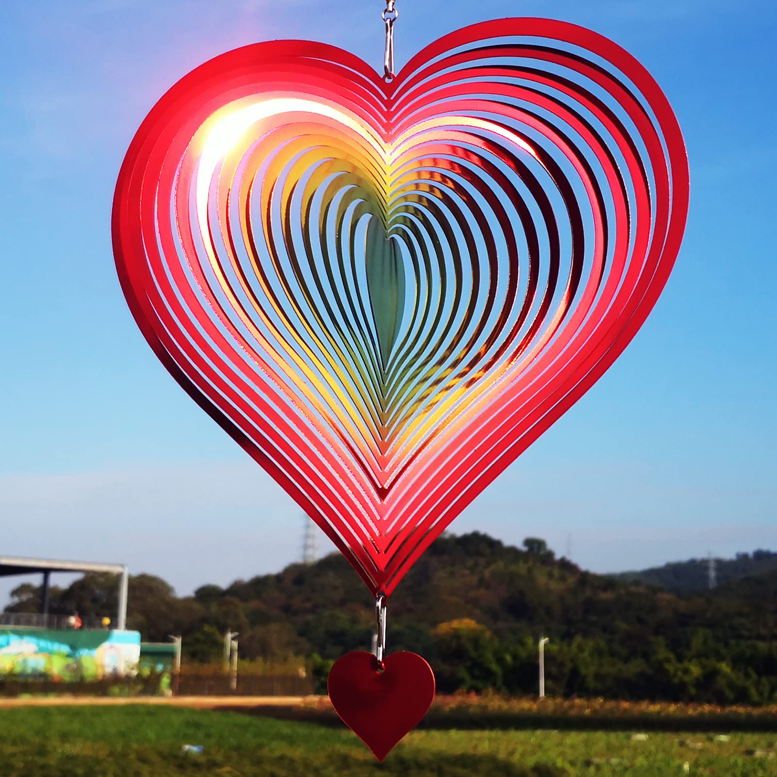 DJUAN wind spinner with red-yellow gradient heart design for outdoor garden display and kinetic charm