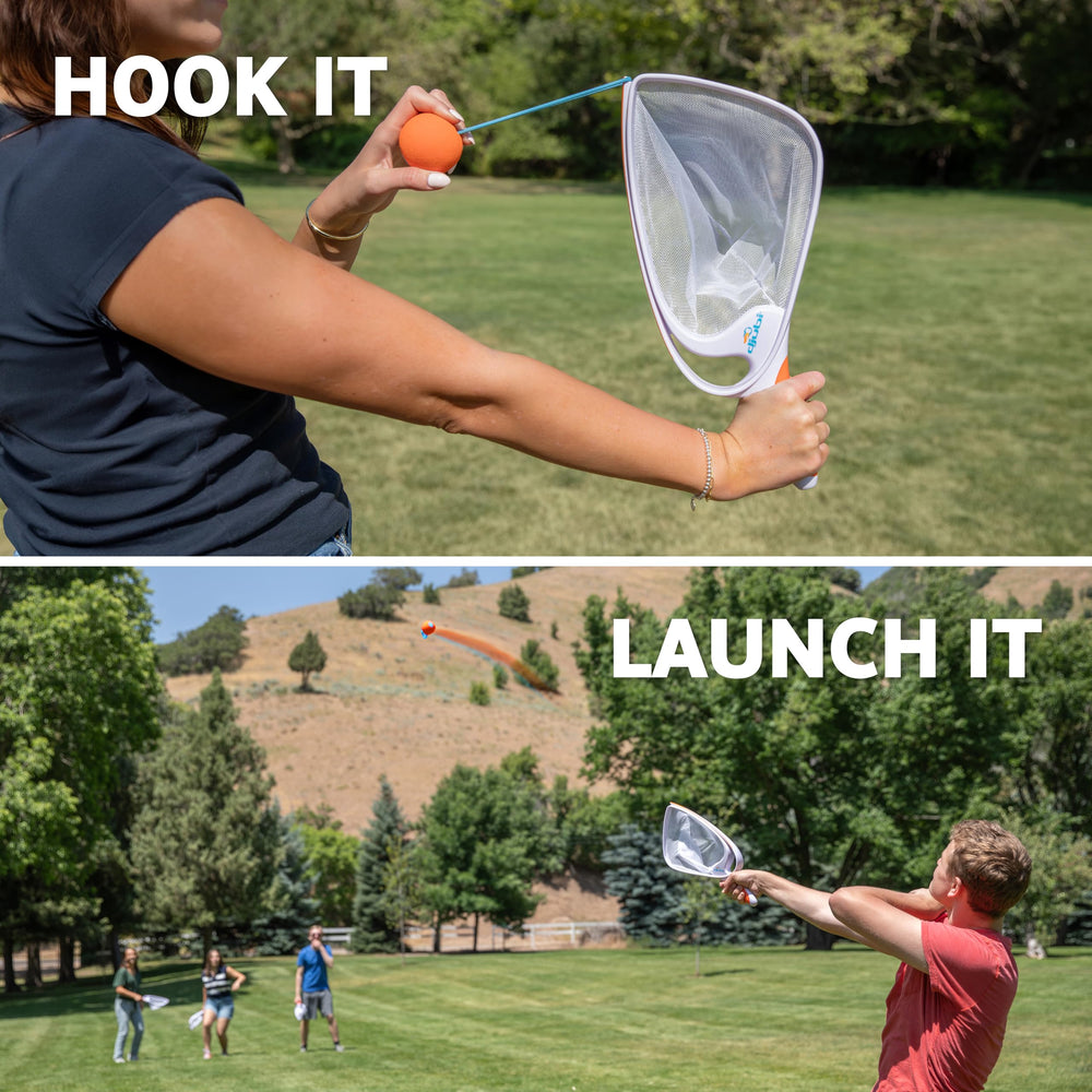 Djubi Slingball Classic catching racket makes scooping easy for all ages.
