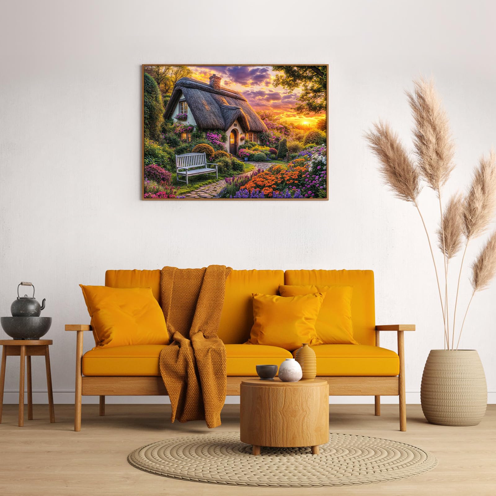 DKijoys Cottage Life Puzzle captures a wooden bench in a tranquil garden.