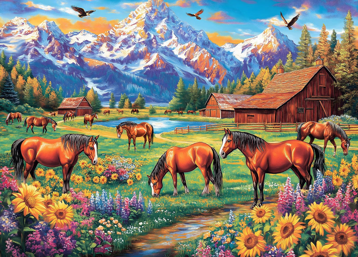 DKijoys Horse Ranch puzzle – horses grazing in a wildflower meadow for mindful relaxation.