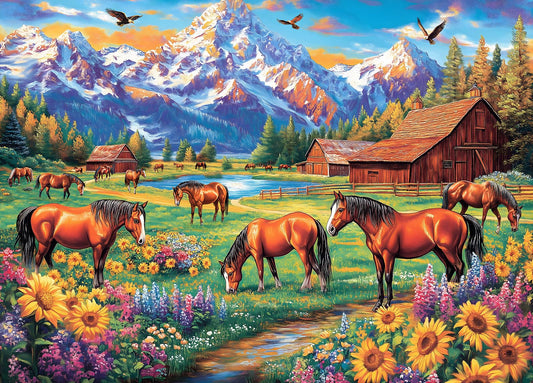 DKijoys Horse Ranch puzzle – horses grazing in a wildflower meadow for mindful relaxation.
