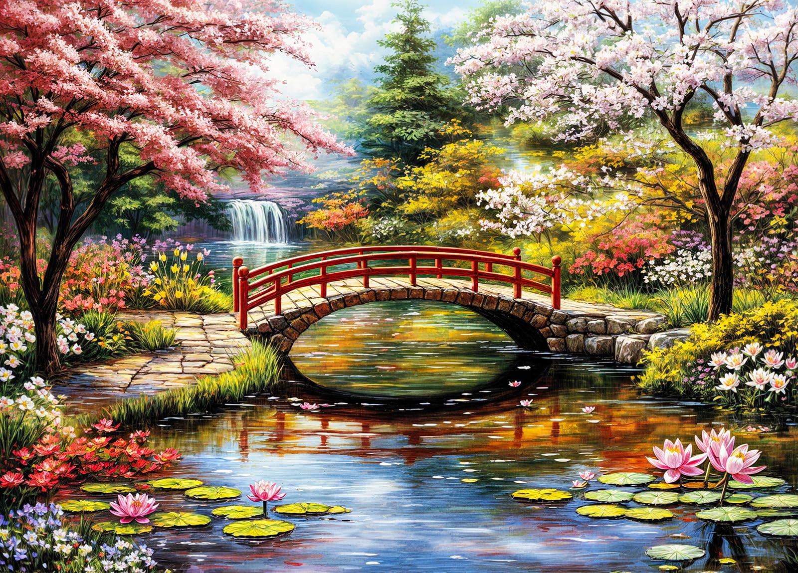 DKijoys Japanese Garden bridge over pond with water lilies for calming focus while puzzling.