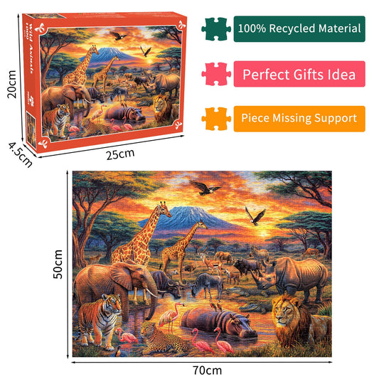DKijoys wildlife 1000-piece puzzle: tiger and elephant scene for focus.