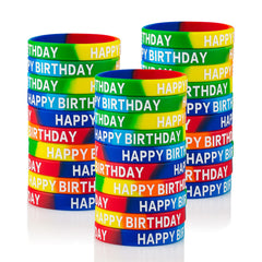 Dminya Happy Birthday bracelets in six colors, vibrant party favor option