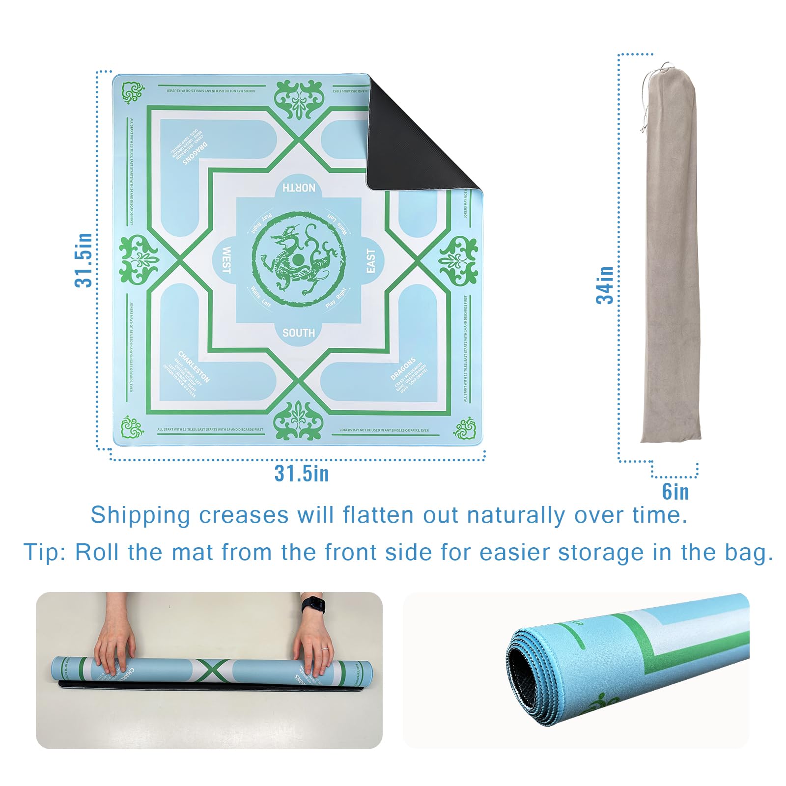 DMJHJY Mahjong Mat measures 31 by 31 inches for versatile table fit.