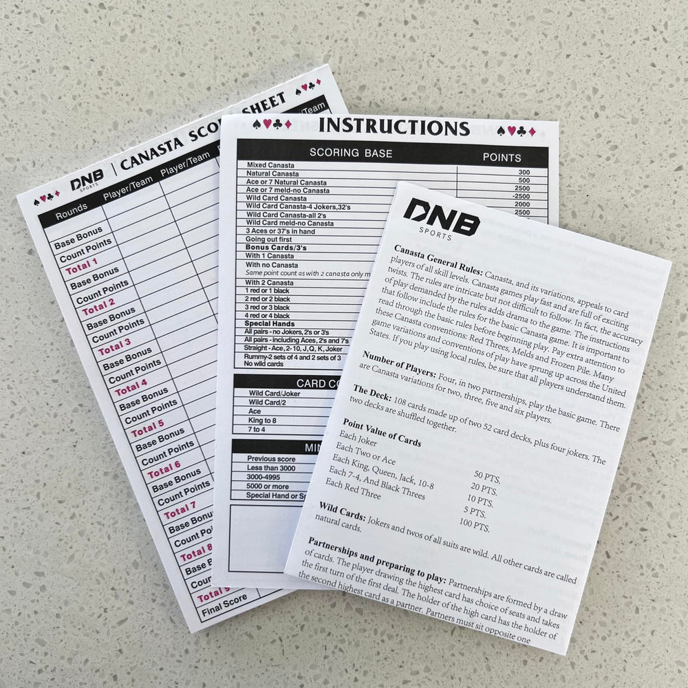 DNB Canasta 50-sheet score pad for easy round-by-round scoring.