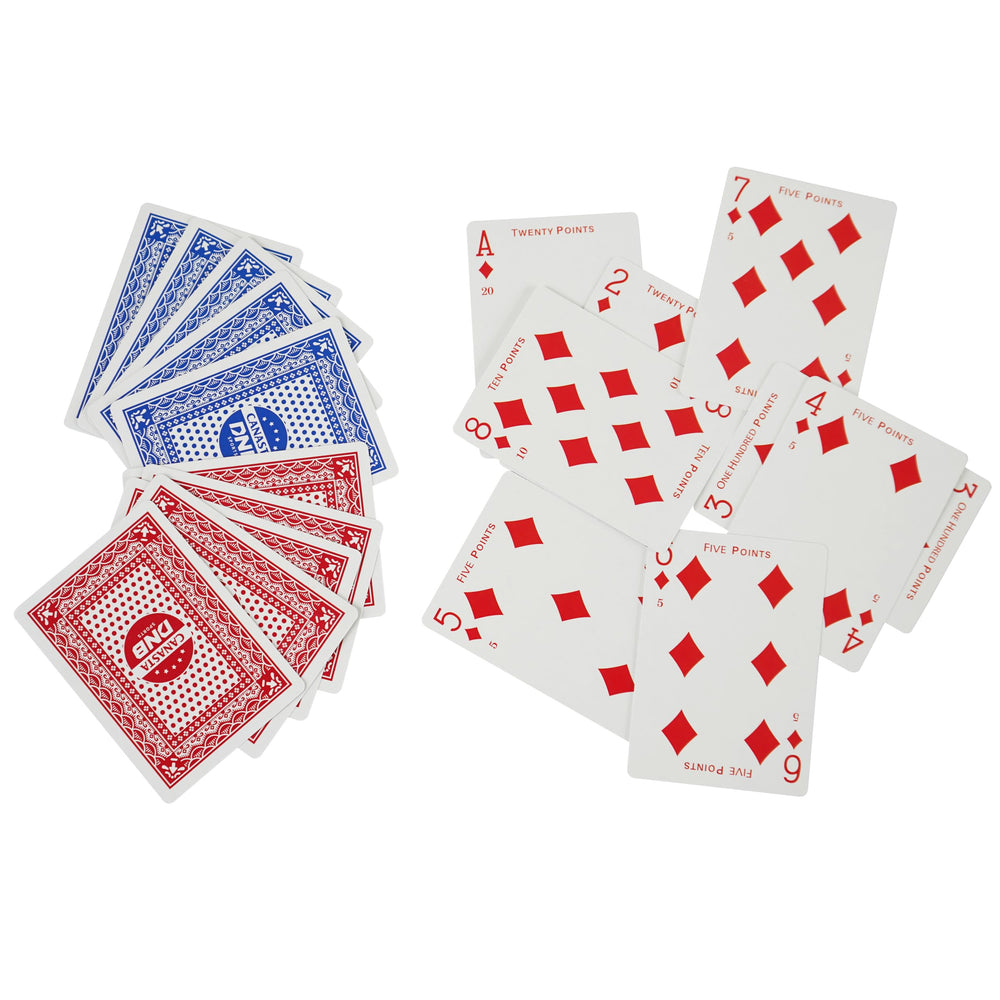 DNB SPORTS canasta red deck front for vibrant game play and quick recognition.