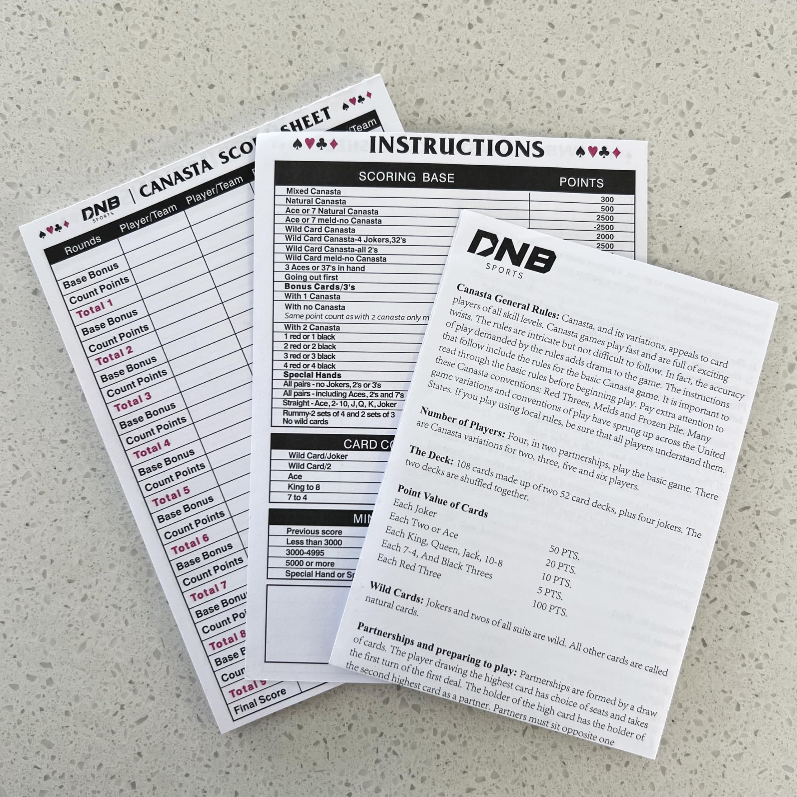 DNB SPORTS Canasta 50-page score pad ready for organized, at-a-glance scoring.