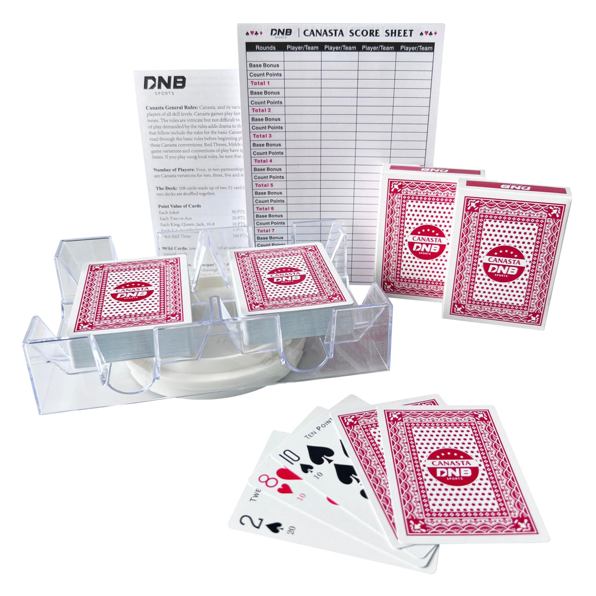 DNB Canasta with two red-backed decks for quick game-night setup.