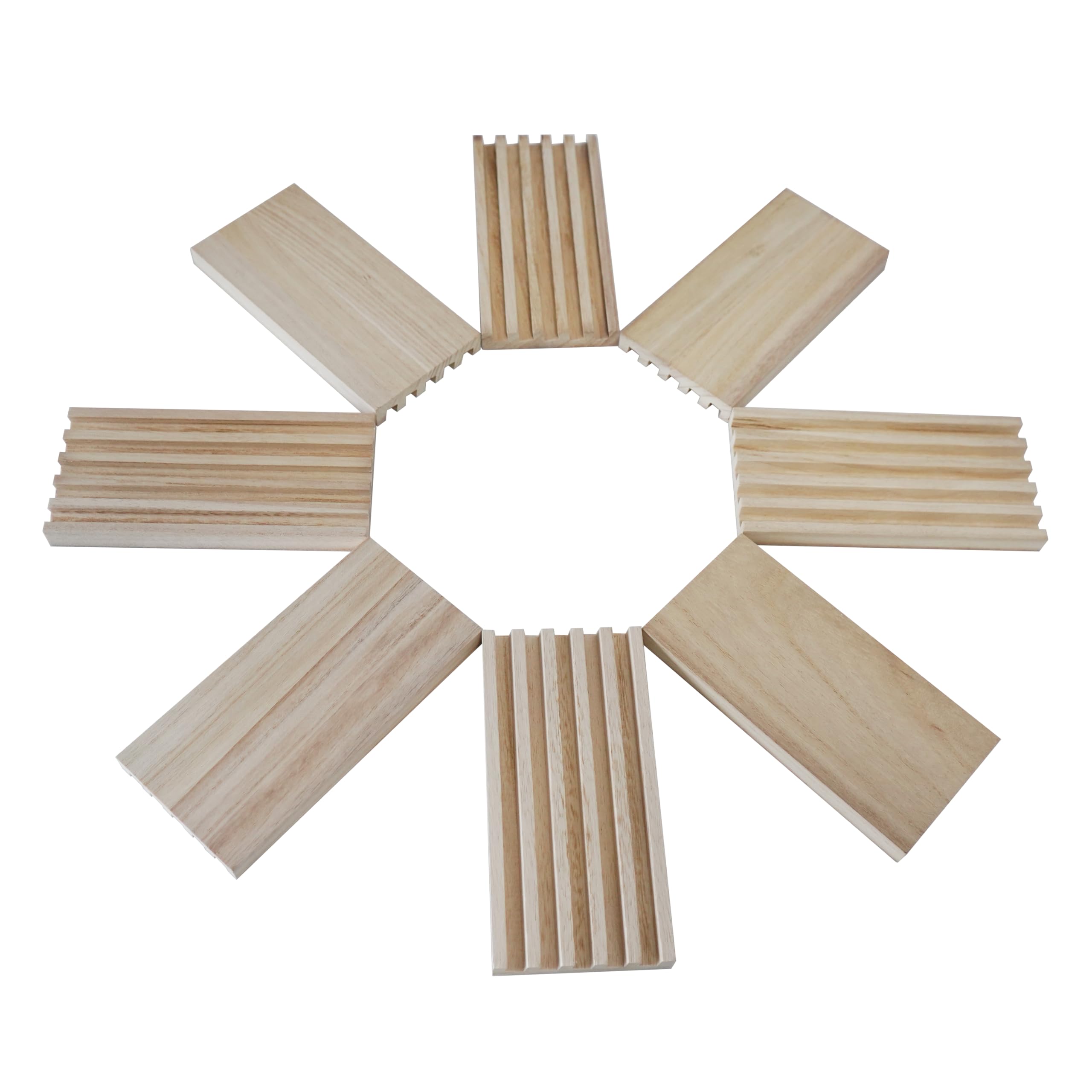 Eight wooden domino trays laid out on a table for display