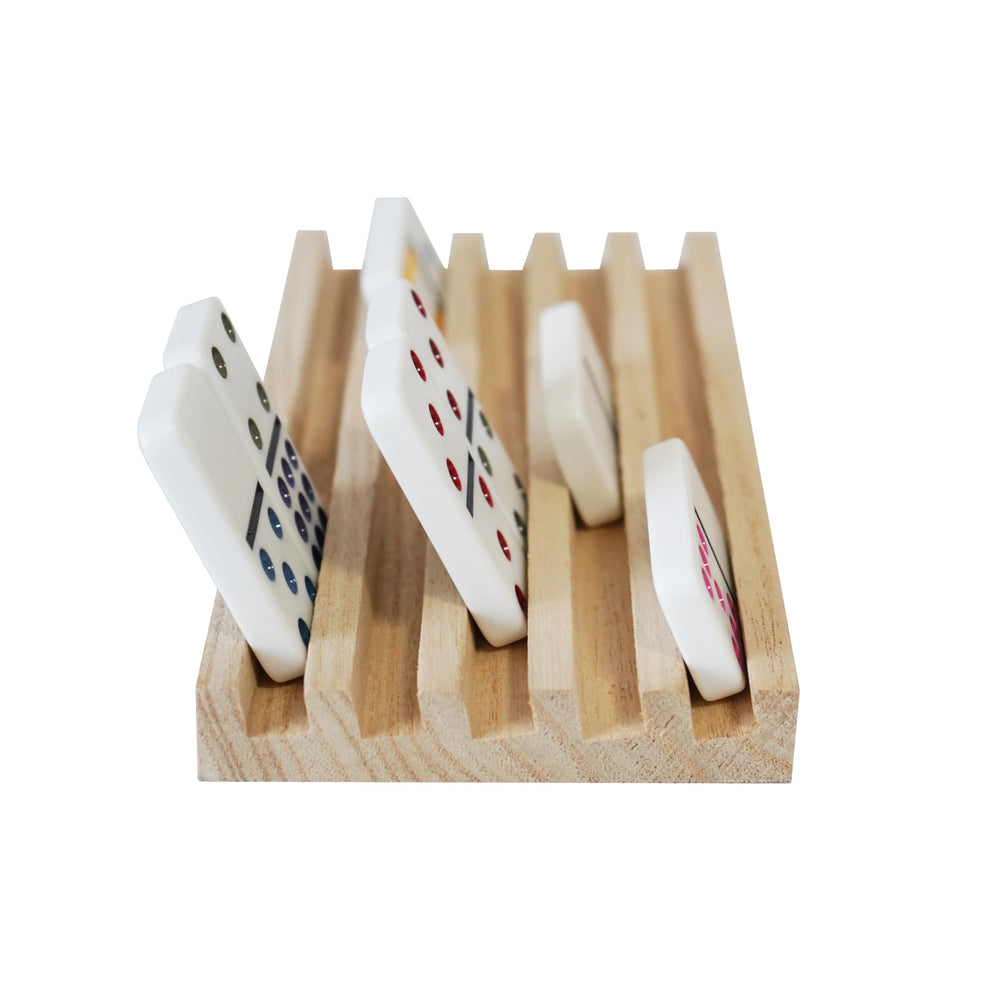 Wooden DNB Sports domino trays shown from the side for compact storage
