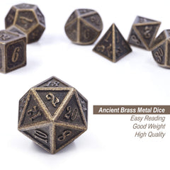 DNDND Ancient Design brass D12 dice close-up, premium feel for immersion