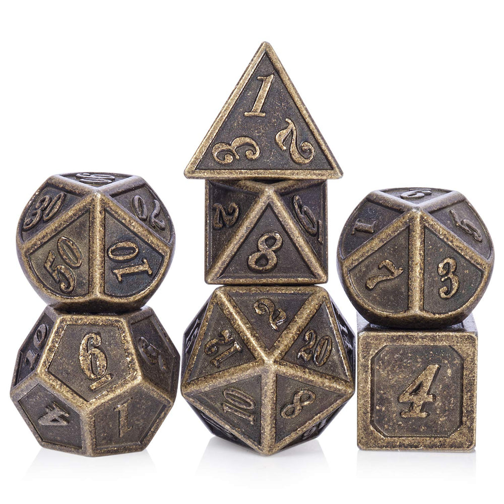 DNDND Ancient Design brass D4 dice close-up for precise RPG rolls