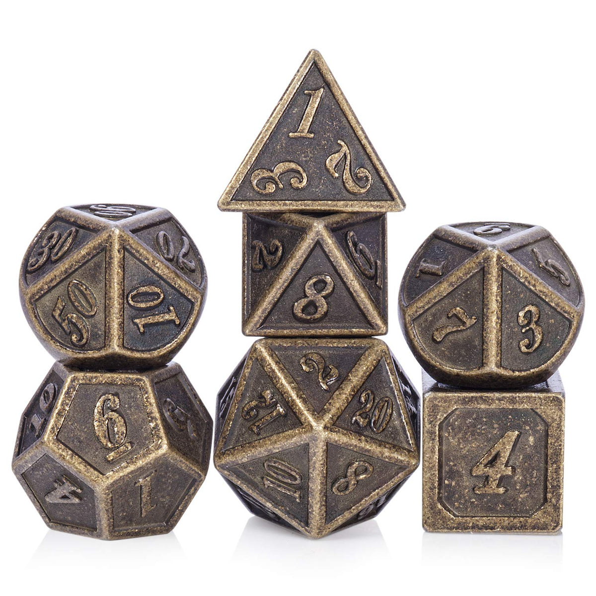 DNDND Ancient Design brass D4 dice close-up for precise RPG rolls