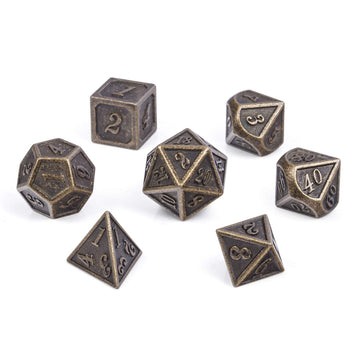 DNDND Ancient Design brass dice set in metal box, complete RPG kit