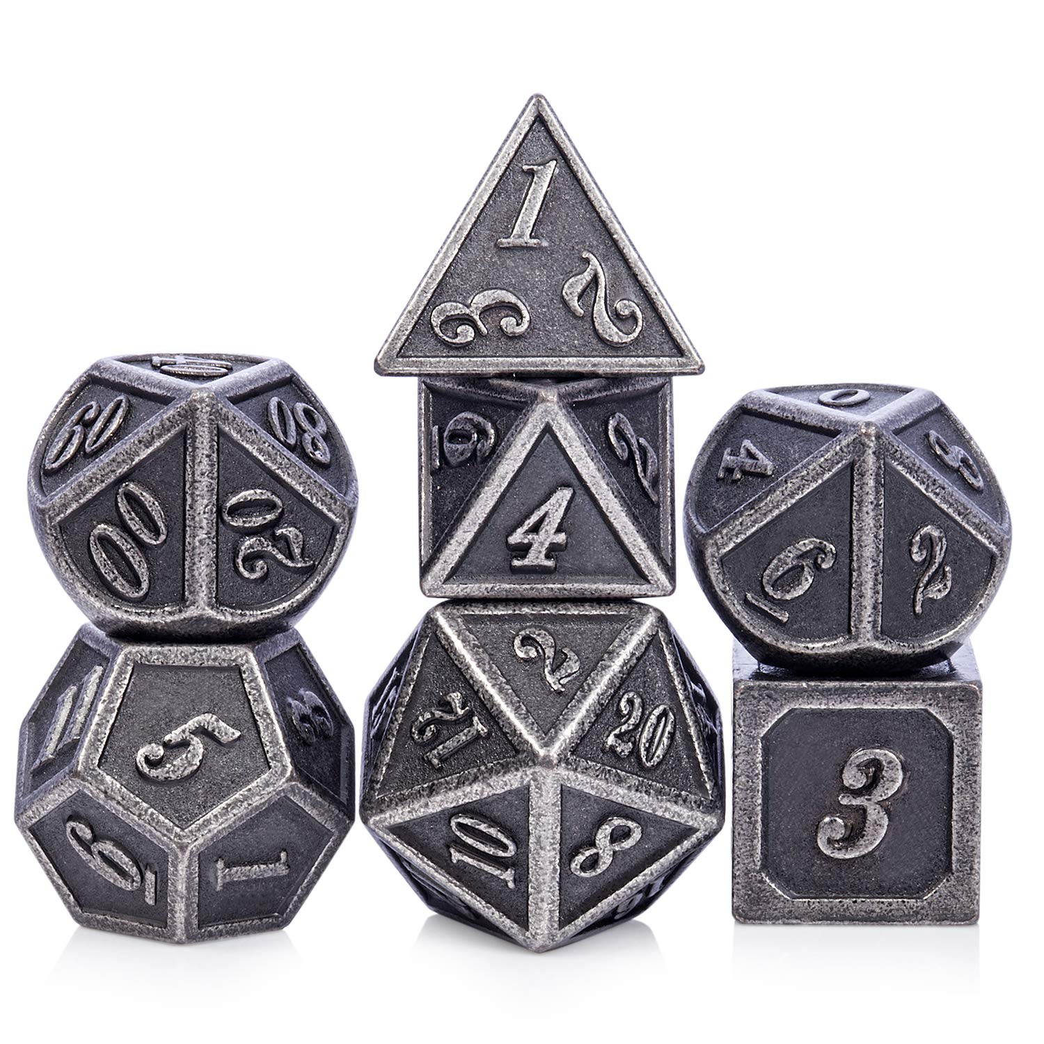 DnDnD ancient silver dice set ready for tabletop RPG sessions with premium metal build