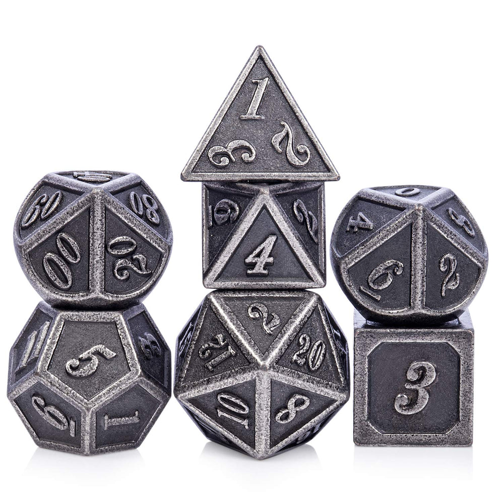 DnDnD ancient silver dice set ready for tabletop RPG sessions with premium metal build