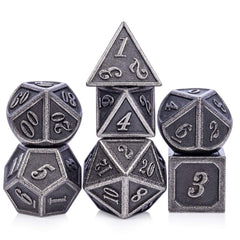 DnDnD ancient silver dice set ready for tabletop RPG sessions with premium metal build