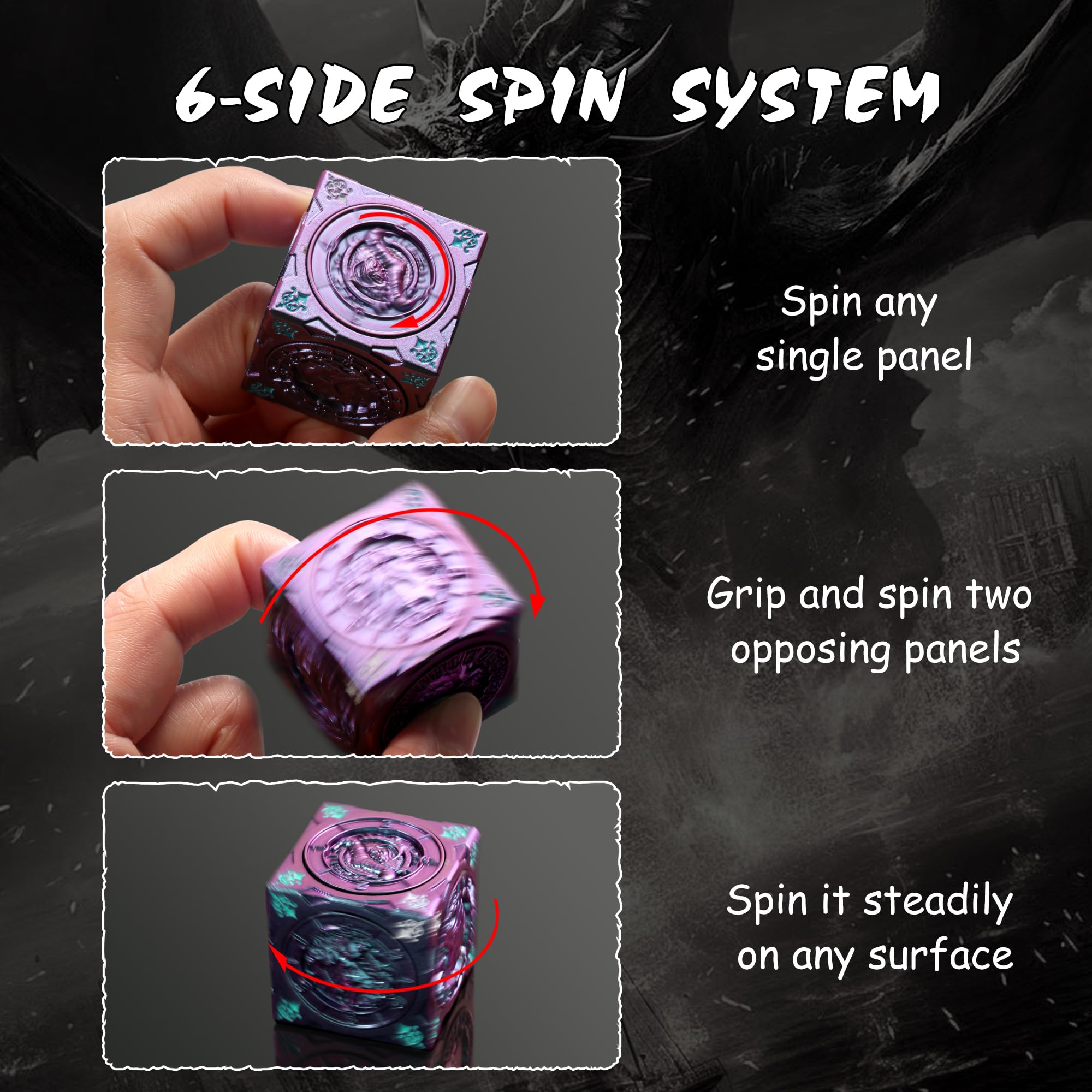 DNDND Couatl face detail on the spinner cube for fantasy aesthetics