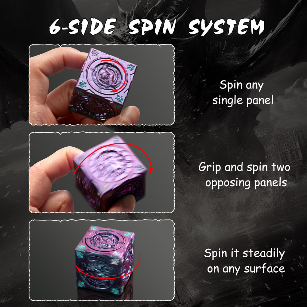 DNDND Couatl face detail on the spinner cube for fantasy aesthetics