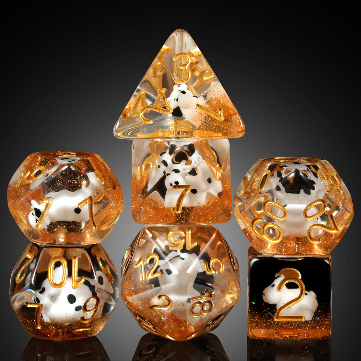 DNDND cow dice set with velvet bag for easy RPG travel.