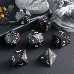 DNDND D8 and D10 dice with purple flower petals; elegant on game night.