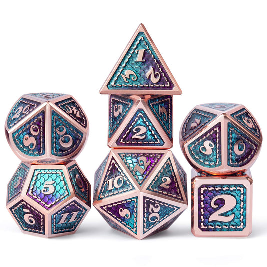 DNDND dragon-scale dice in teal and purple for RPG play