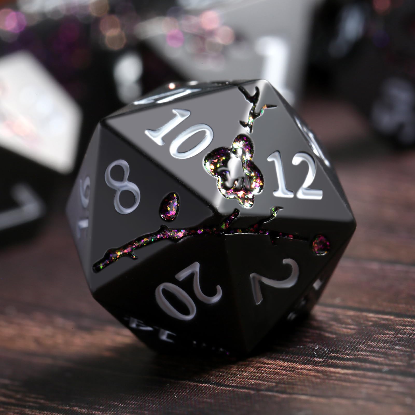 DNDND seven-piece flower metal dice with gift case and foam liner for gifting and storage.