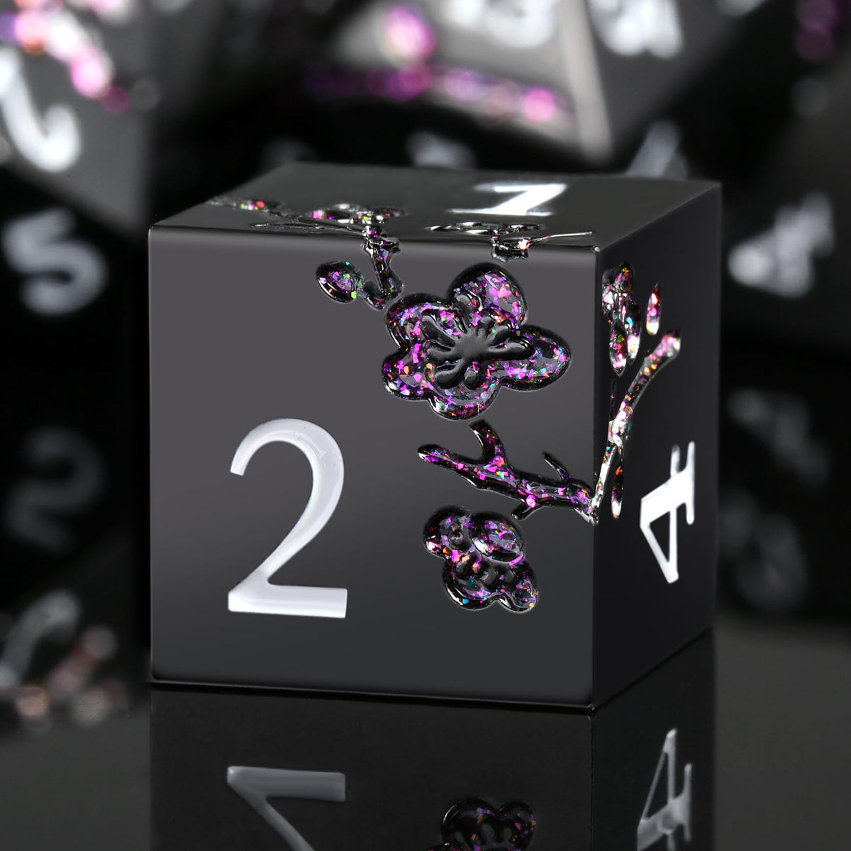 DNDND glitter purple flower dice on matte black, ideal for vibrant table RPG moments.