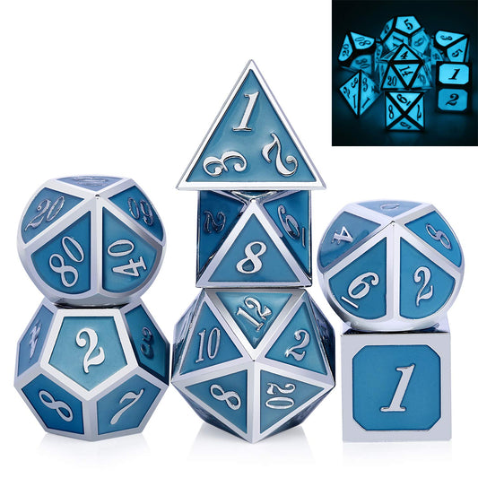 DNDND glowing blue metal dice set for clear visibility during night sessions.