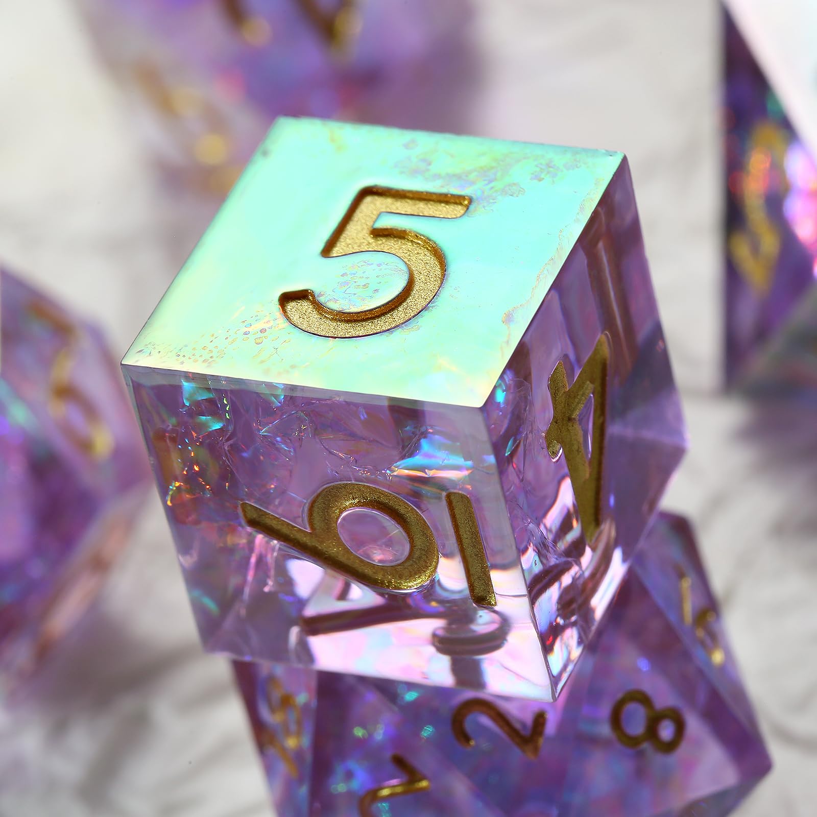 DNDND iridescent lilac sharp D8 dice catch light beautifully