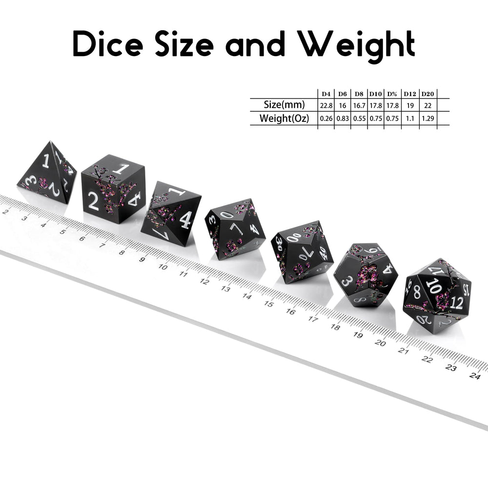 DNDND matte black dice with glitter accents stand out on the table for RPG sessions.