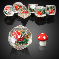 DNDND mushroom dice set closeup shows the mushroom inside detail for whimsical storytelling.