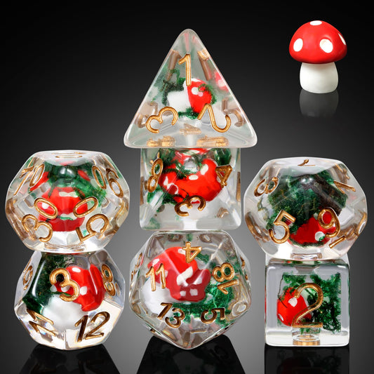 DNDND mushroom dice set viewed from the top for bold game-ready aesthetics during RPG sessions.