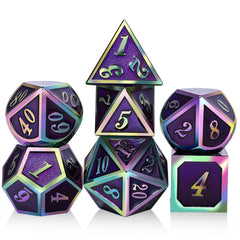 DNDND purple metal dice set with rainbow numbers on display, ideal for RPG sessions.