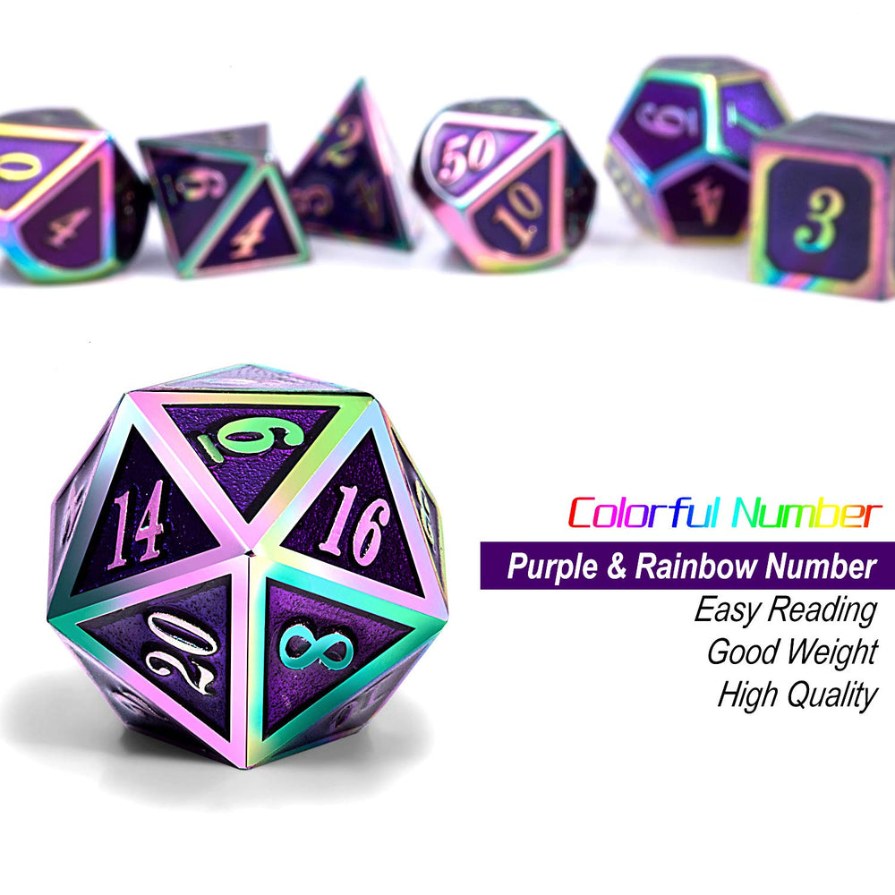 All seven dice in a polished rainbow-framed set for RPG campaigns.