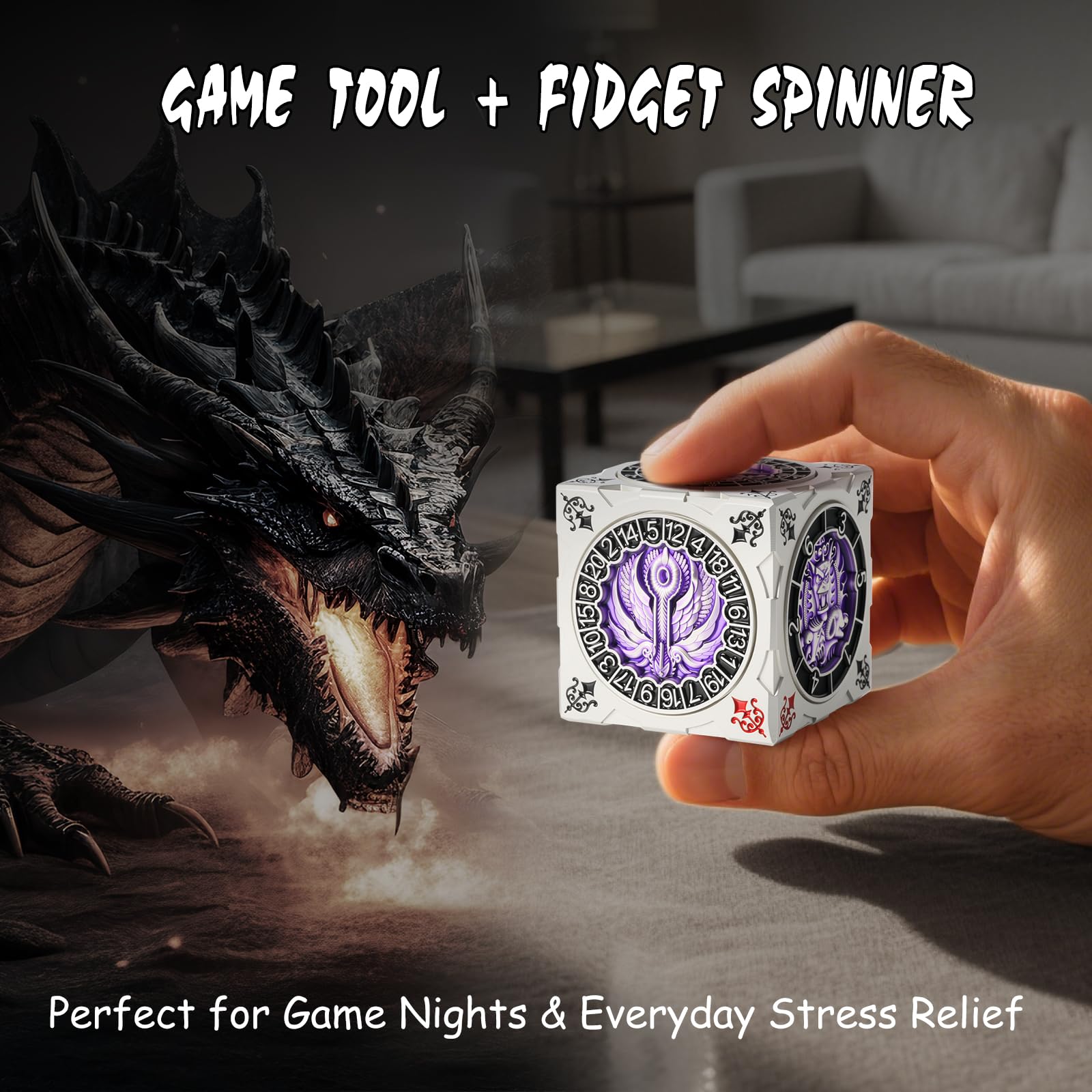 DNDND spinner dice cube Goristro engraving highlights monster lore.