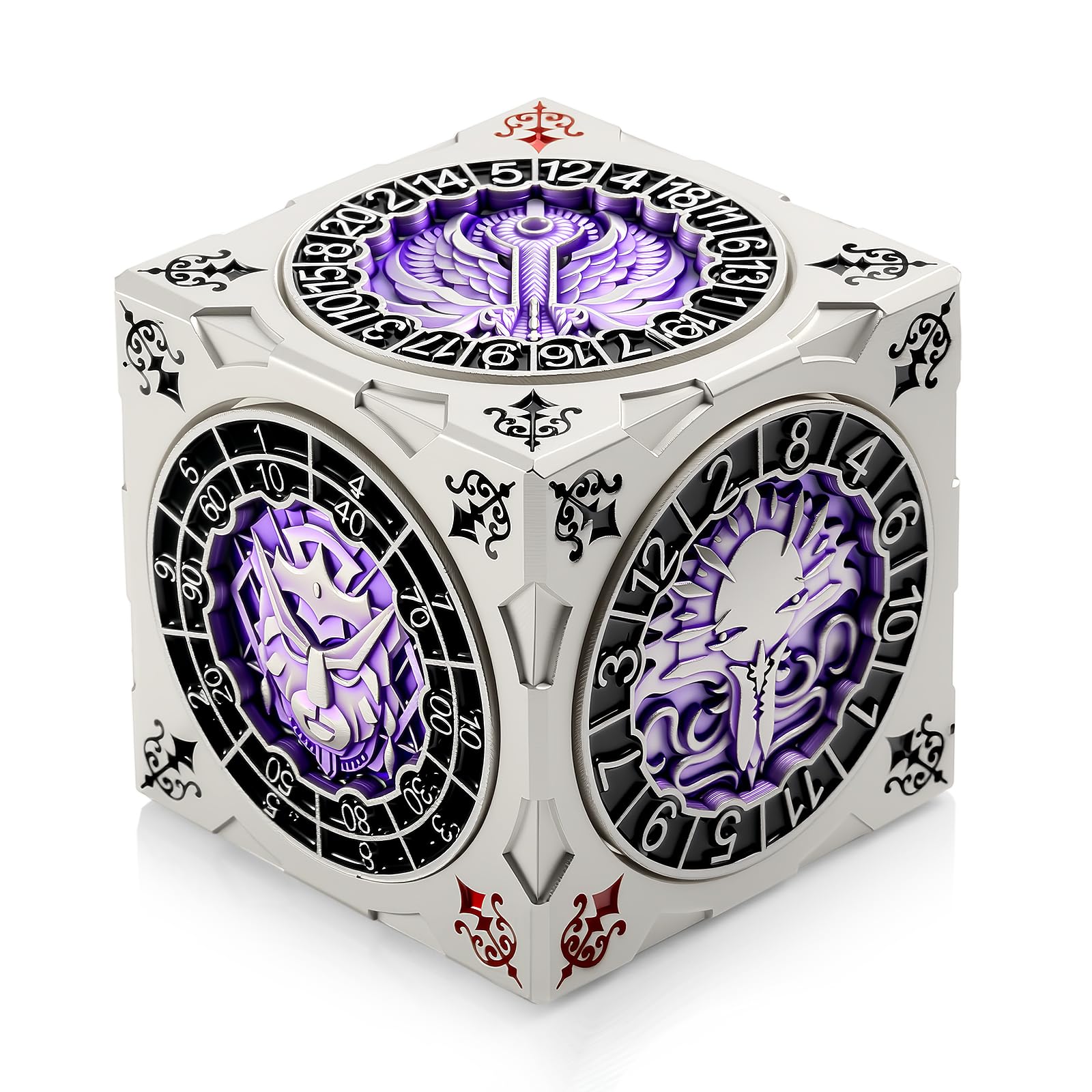 DNDND spinner dice cube in silver-purple finish for dramatic on-table ambiance.