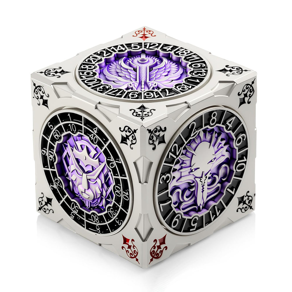 DNDND spinner dice cube in silver-purple finish for dramatic on-table ambiance.