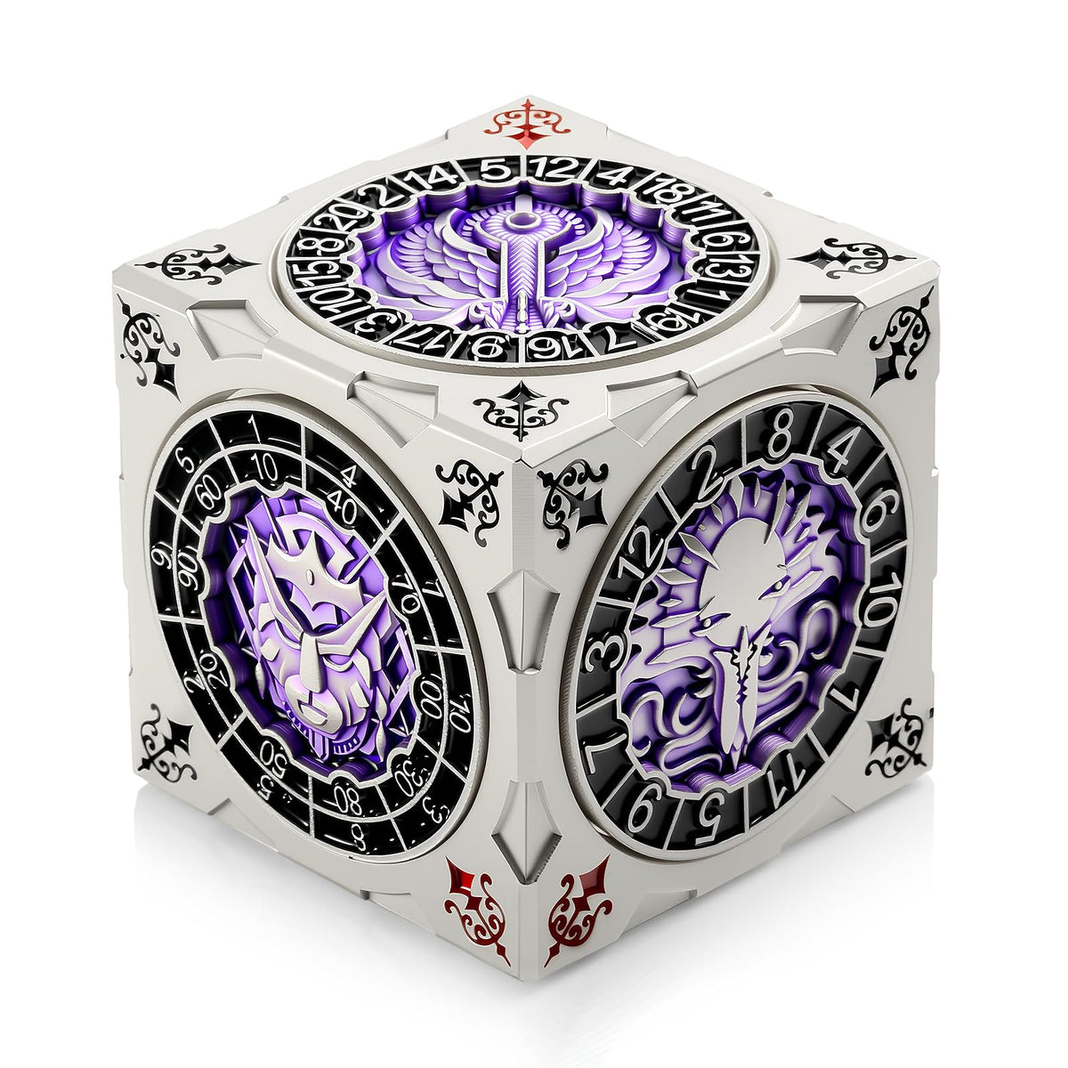 DNDND spinner dice cube in silver-purple finish for dramatic on-table ambiance.