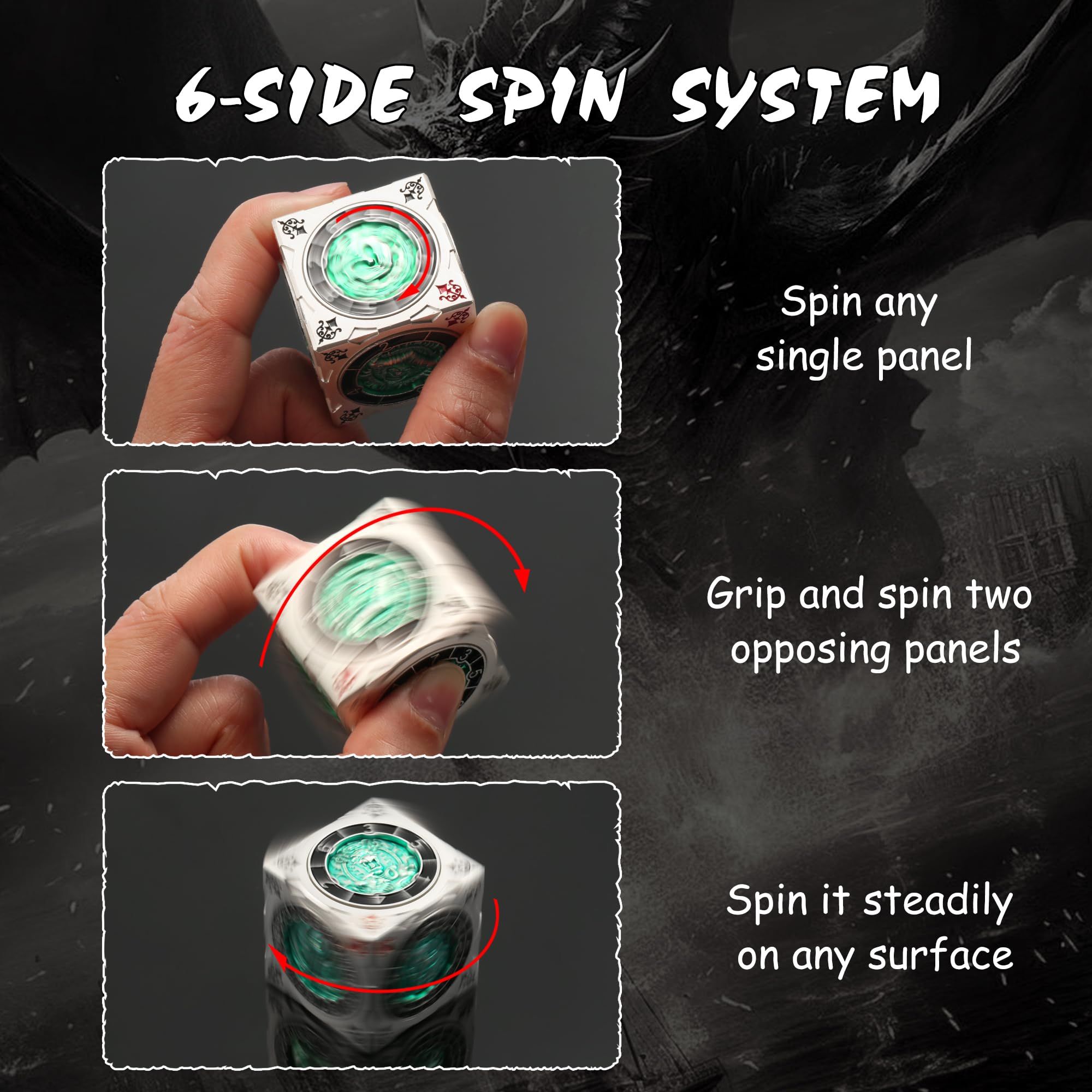 DNDND Helmed Horror engraving on the dice highlights intricate metal craftsmanship
