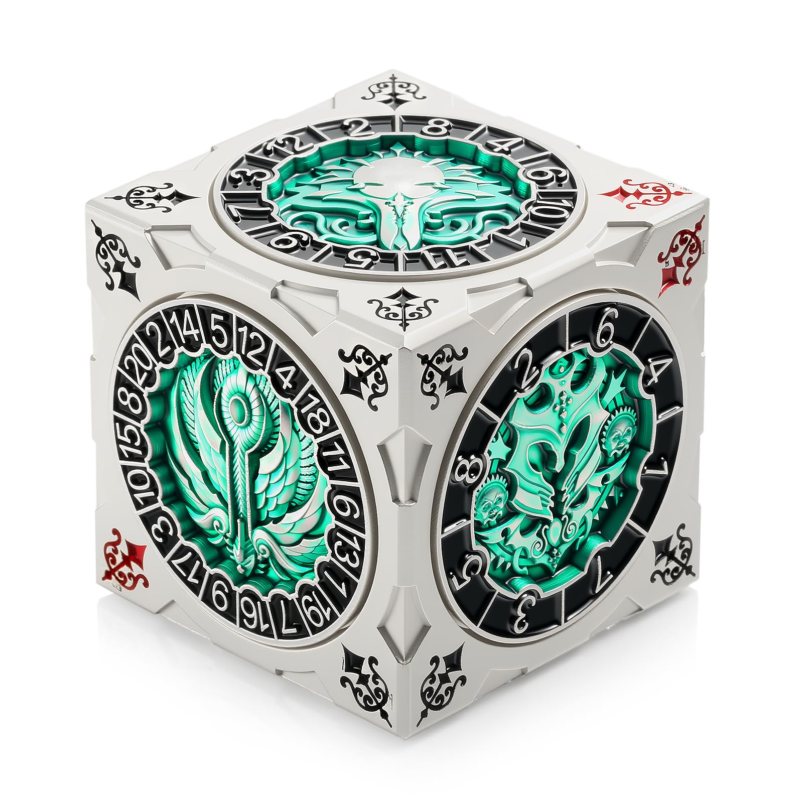 DNDND spinner dice cube in silver-green finish ideal for striking tabletop play
