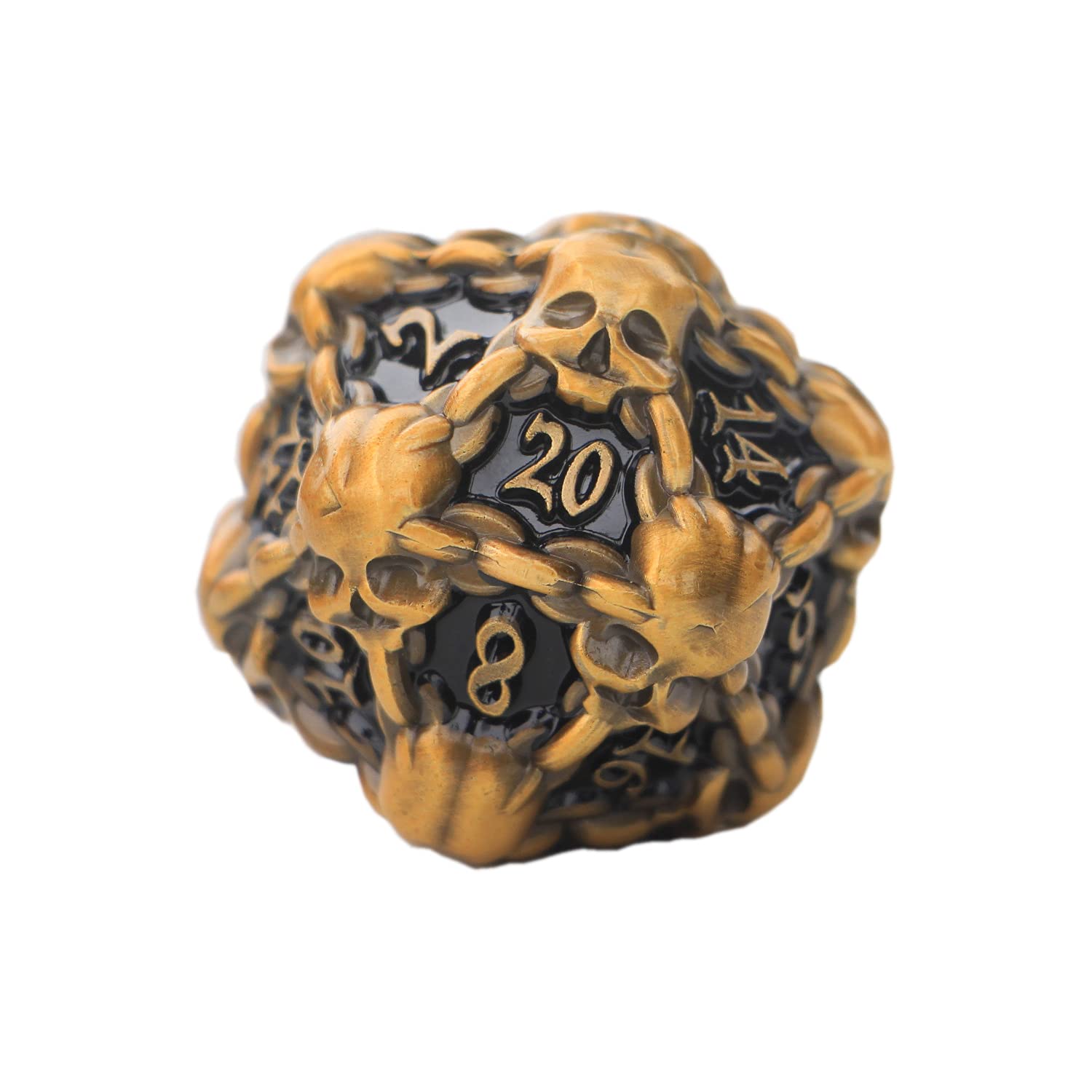 DNDWoW heavy metal gold skull D20 close-up showing oversized dice.